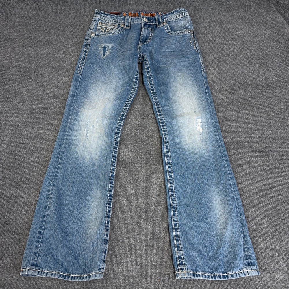 Rock Revival Jeans Men 31x32 Paul Boot Cut Bootleg Flap Pocket Distressed Studs - Picture 2 of 13